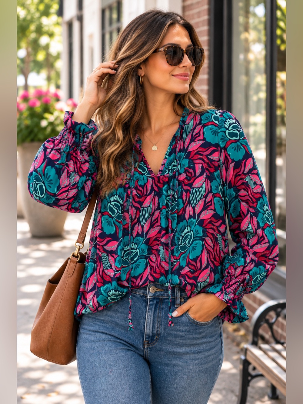 Michelle McDowell Floral Peasant Blouse V Neck Smocked Cuff Boho Top S